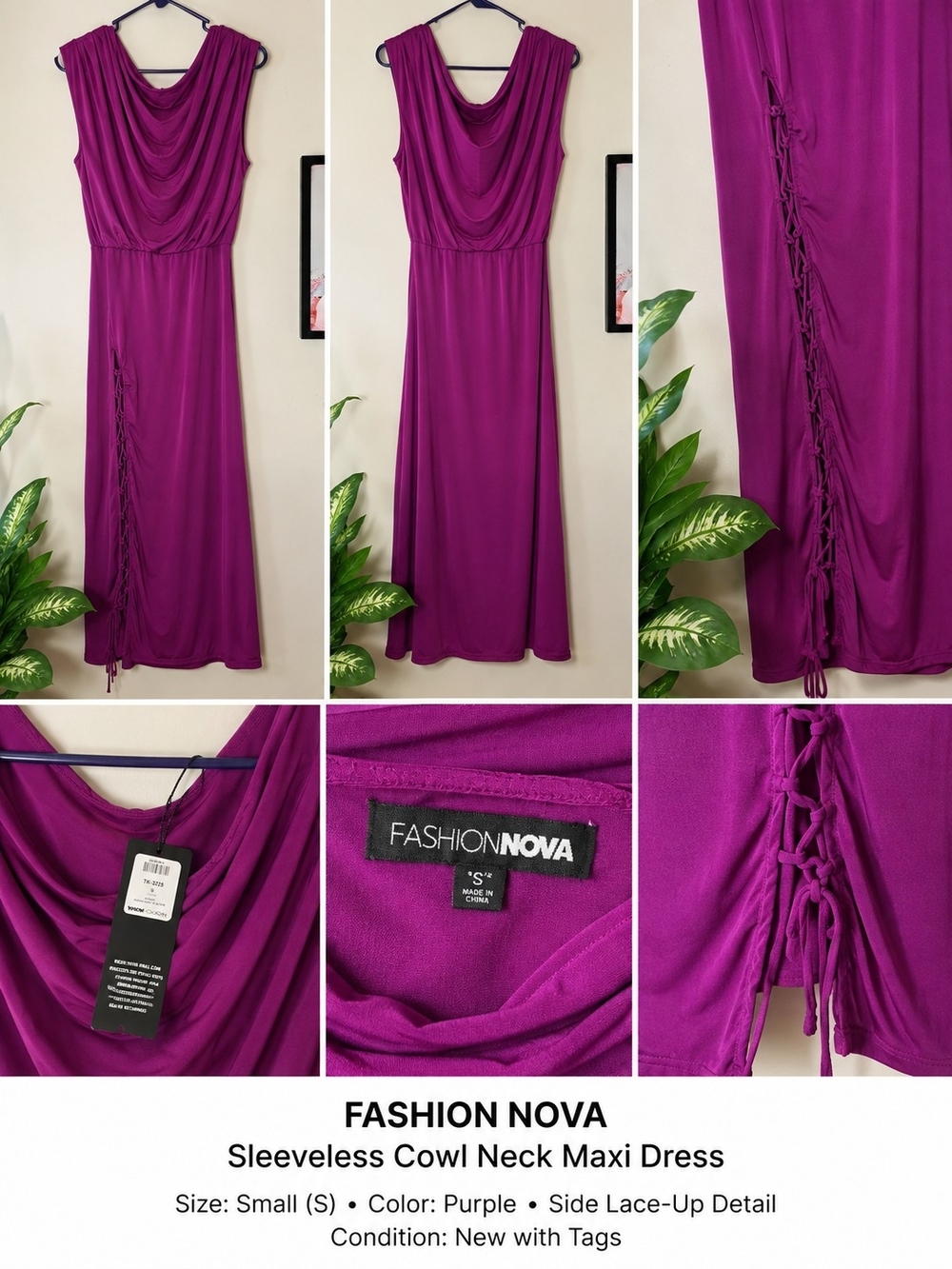 Fashion Nova Magenta Sleeveless Cowl Neck Maxi Dress with Side Lace-Up